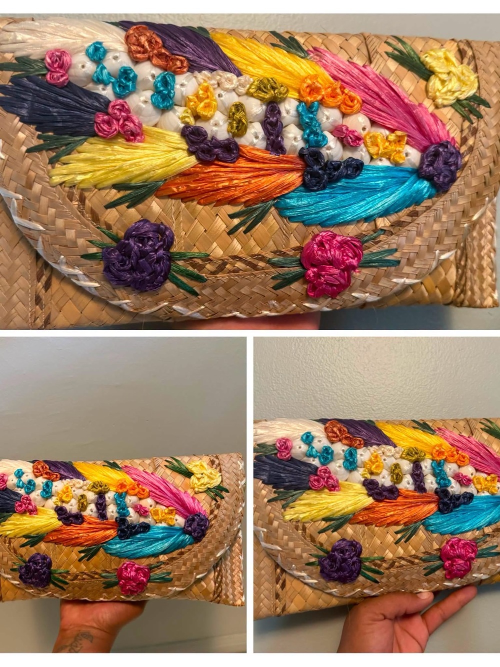 Handwoven Straw Clutch with Multicolor Embroidery